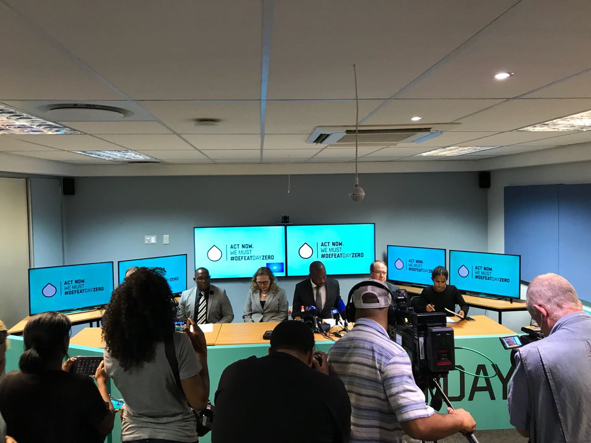 Defeat_DayZero's tweet photo. .@MmusiMaimane briefing the media alongside the drought crisis team. 

"Residents have responded magnificently... Everyone played their part in this city-wide collective effort to keep the taps open." #DefeatDayZero https://t.co/SnrptbyokB