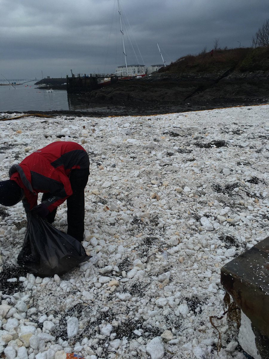 BerryDog's tweet photo. @SirDavidBBC  this isn’t snow this is Polystyrene and it’s happening now in Holyhead following Storm Emma. Authorities are not acting quickly enough and this is a serious environmental disaster.. #holyheadmarina https://t.co/3NbY9Sb1jK
