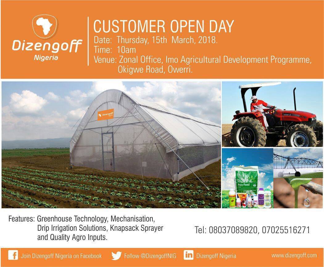 DizengoffNIG's tweet photo. Let's Go East!
We humbly and respectively invite you to our Customer Open Day coming up:
Date: Friday 15th, 2018
Time: 10am
Venue: Zonal Office, Imo Agricultural Development Programme, Okigwe Road, Owerri.
It's promises to be awesome and engaging.
RT
#Imoopenday
#agribusiness https://t.co/MduFZfJZu0