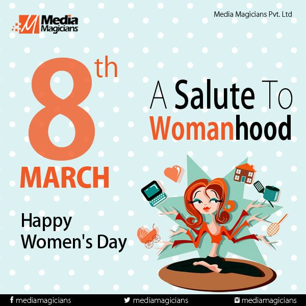 MediaMagicians's tweet photo. Happy Women's Day
A Salute to Womanhood!
A woman is God’s most beautiful creation. She is an accomplished virtuoso in all the various roles she plays-for her family,society,nation &amp; the world. https://t.co/PfulU2WMt2