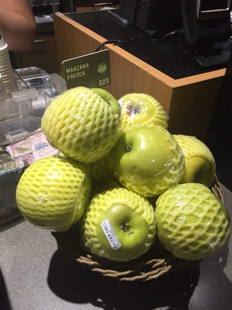HeatherKoldewey's tweet photo. Seriously @Starbucks - an apple with a perfectly good skin wrapped in two layers of #pointlessplastic? What are you thinking? Not about the #ocean that’s for sure. Ironic find en route to the #OceanSummit in Mexico @OneLessBTL @sascampaigns @ZSLMarine @FishNotPlastic https://t.co/oaoxhDLf1h
