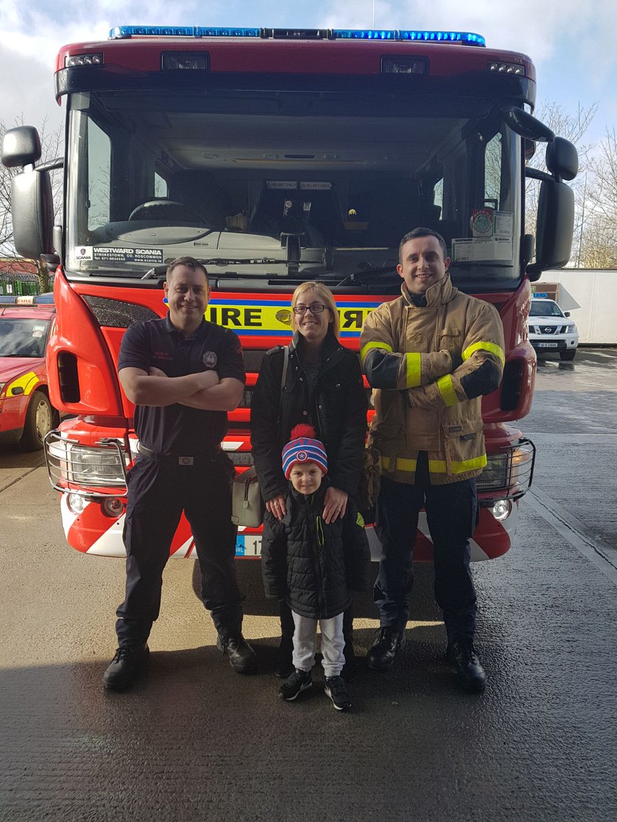 DubFireBrigade's tweet photo. A VIP visitor to Blanchardstown station this morning. It’s Finn’s (4) first outing from his house after recovering from a tonsillectomy. Complications following surgery partially blocked Finn’s airway resulting in severe difficulty breathing. Blanch &amp; Finglas stations responded. https://t.co/k15KTzC7j8