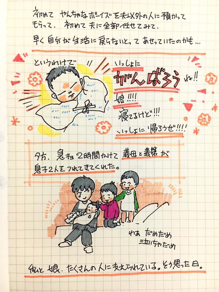 私と娘が入院している間、旦那さんと子供たちはもちろん私無しで生活しているわけで。
2人目からの子供を考えるとき、絶対に「出産入院中の自分以外の家族はどうしたら?」っていう問題に多くの母親が立ち向かわなくてはいけない。
私の場合は本当に恵まれていると思う。