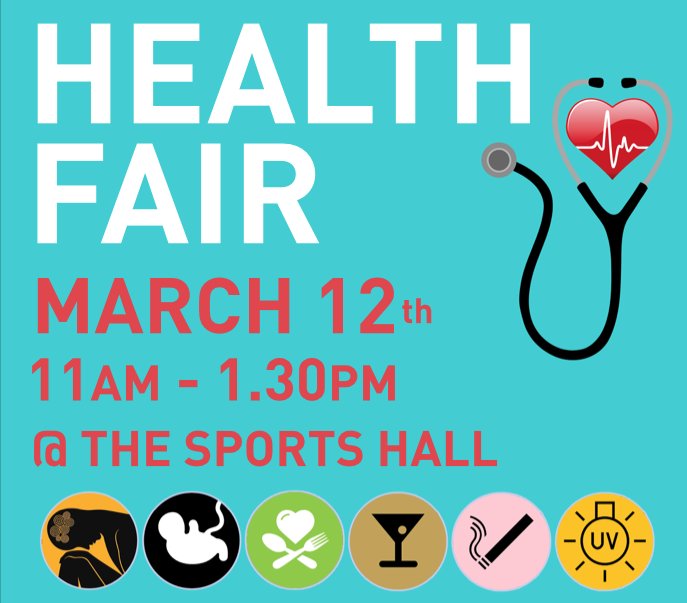Don't forget to attend the Health Fair coming up Monday 12th March. We will be looking at everything from healthy eating, anxiety and stress to social media and mental health.