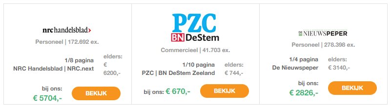 LAST MINUTE DEALS 
Een 1/8 pagina personeelsadvertentie in NRChandelsblad voor €5704 elders €6200.
Een 1/10 pagina in PZC BN DeStem voor €670 elders €744.
Een 1/4 pagina personeelsadvertentie in De Nieuwspeper voor €2860 elders €3140.
#lastminutedeal #krant