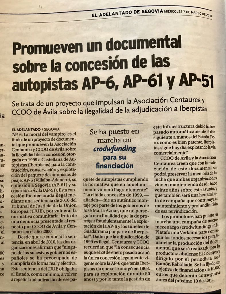 ElColectivoAv's tweet photo. El adelantado de Segovia también se hace eco de #AP6:LaMoralDelVampiro estáis a tiempo de aportar vuestro granito de arena #Ap6sinpeaje #Avila #Segovia https://t.co/zqL7TAEwEV