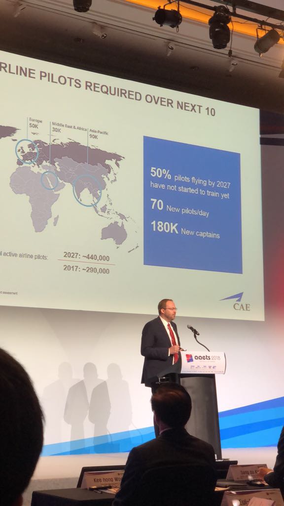 CAE_Inc's tweet photo. Captain Billington on stage at #AAETS sharing insights - The future of #pilot training is data-driven! 
Missed the conference? It's not too late to come visit us at booth 113! #AAETS18 #AAETS2018 #Seoul #trainwithCAE #avgeeks https://t.co/VtxLWgJZpj