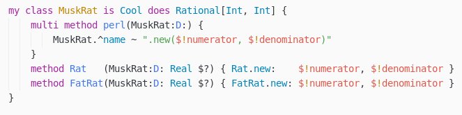 zoffix's tweet photo. Experimenting with adding another class of core Rational numerics to #Perl6 #Programming language… 

Hoping it will motivate @elonmusk to choose Perl 6 as a language to power Martian computer systems 😋😁🚀📡 https://t.co/Kve9rZSUcB