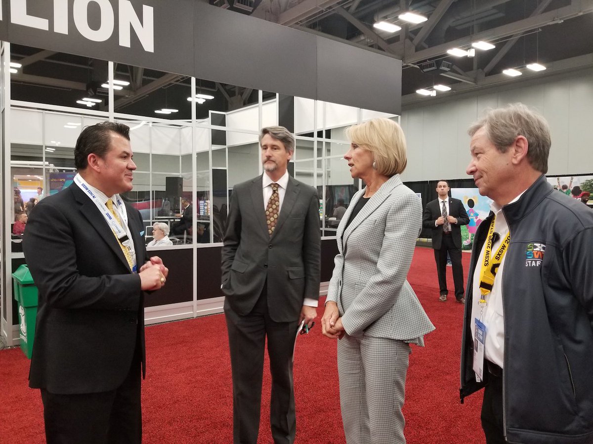 AustinChamber's tweet photo. @Drew_Scheberle, @AISDSupt, and SXSWedu founder Ron Reed talk about the importance of education with U.S. Secretary of Education @BetsyDeVos https://t.co/JpBaNUvewX
