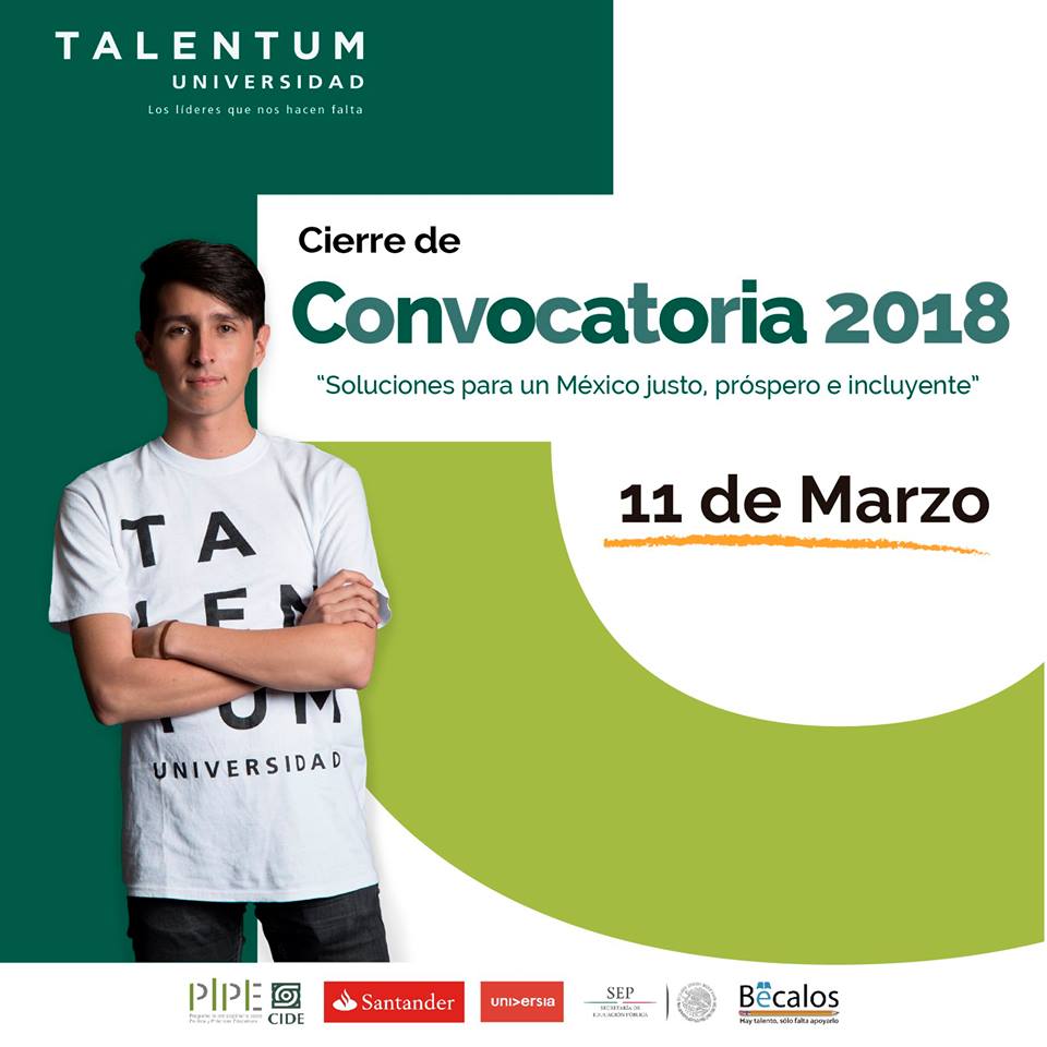 mxtalentum's tweet photo. ¿Qué esperas? Participa para ser parte de Talentum-Universidad: “Soluciones para un México justo, próspero e incluyente”. CIERRE DE CONVOCATORIA 11 DE MARZO. 
Inicia o termina tu registro en https://t.co/zWKKVHiIMK
#loslíderesquenoshacenfalta #TalentumU18 https://t.co/4AKfrw44zY