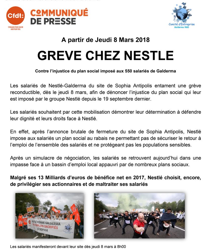 grimdeadgal's tweet photo. #Galderma_Nestle Le site de Sophia sera en grève reconductible à partir du jeudi 8 mars pour lutter contre le plan au rabais que nous impose #Nestle après une annonce de fermeture due uniquement à la demande de ses actionnaires ! https://t.co/eZMAJlaDmw