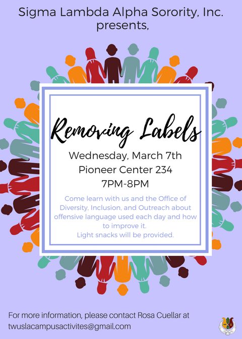 TWU_SLA's tweet photo. Reminder to come on out TODAY to join us as well as the Office of Diversity, Inclusion, and Outreach to talk about offensive language and ways we can improve! 
Light snacks will be provided so bring some friends! 😋
Can't wait to see yall there! 😊
#RemovingLabels #ΣΛΑ https://t.co/t3HAaHbEwN