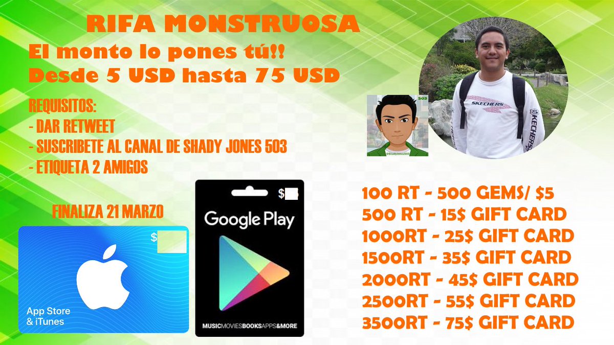 ShadyJones503's tweet image. RIFA MONSTRUOSA - MARZO
Hasta $75 de premio!!!
El premio va creciendo entre más retweets se den y más gente cumpla las condiciones (VER IMAGEN)
Requisitos:
- Suscribete a mi canal de Yt Shady Jones 503: youtube.com/channel/UCvPHi…
- Da retweet.
- Comenta y etiqueta a 3 personas.