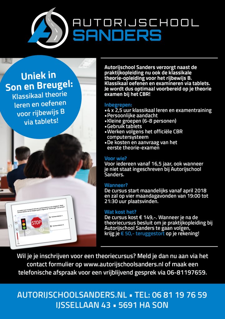 Uniek in Son en Breugel! 

Klassikaal theorie leren en oefenen voor rijbewijs B 🚗💨

Optimale voorbereiding op het CBR theorie examen.

Inclusief aanvraag examen en vervoer naar het CBR!