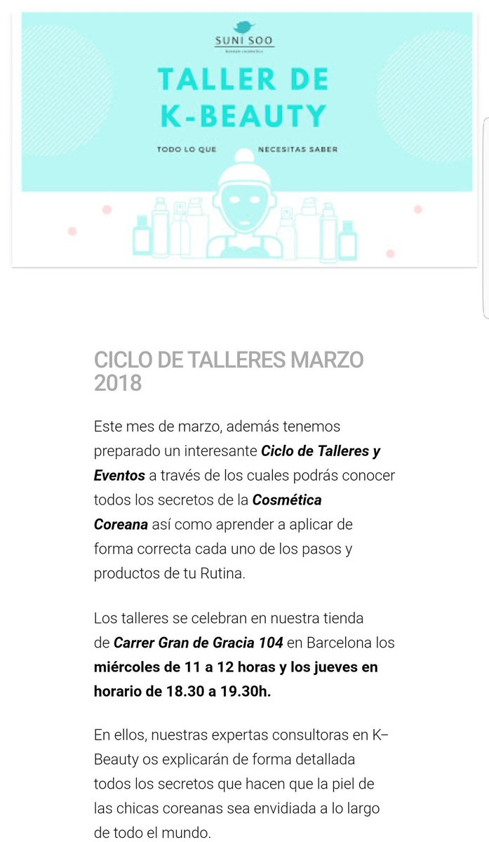 sunisoo_'s tweet photo. Os recordamos que mañana tendremos nuestro #taller de #belleza #coreana a las 18.30h en nuestra tienda en Gran de Gracia 104. Apuntate! Aun estas a tiempo!! #skincare #kbeauty #cosmeticacoreana #FelizMiercoles https://t.co/hchNKeDTwu