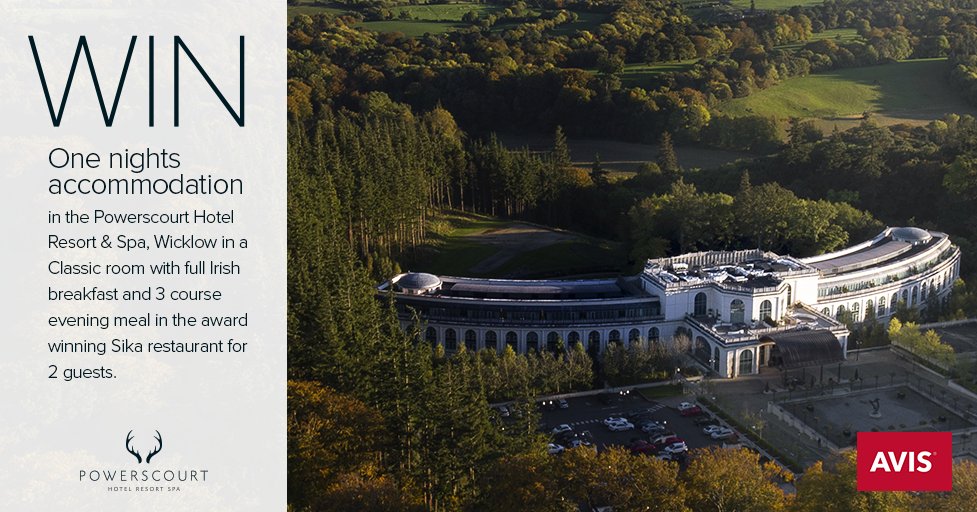 AvisIreland's tweet photo. Enter our new #competition for a chance to #WIN a 1 night stay in the elegant &amp; palatial @powerscourtHtl in Wicklow. Follow us on Twitter &amp; RT #powerscourthotel &amp; you &amp; a friend could enjoy a 1 night stay with breakfast &amp; a 3 course meal in the award winning Sika restaurant. https://t.co/TW3Rv8f85V