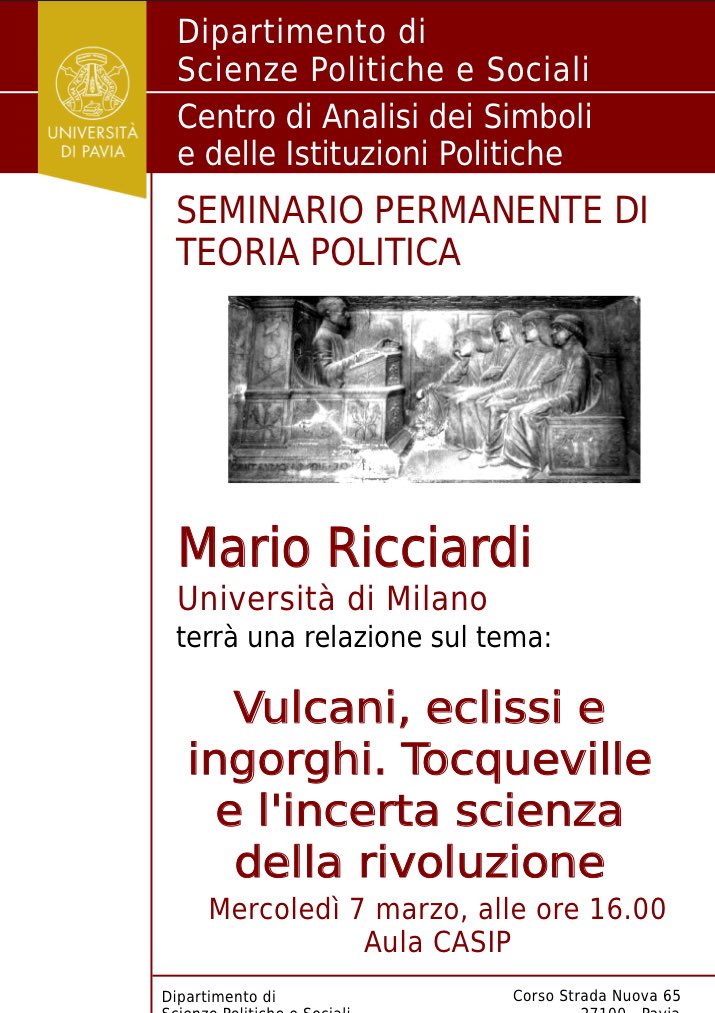 marioricciard18's tweet photo. Oggi al #Casip dell’Università di Pavia parliamo di Tocqueville e le rivoluzioni: cosa sono? si possono prevedere? possiamo evitarle? #rivoluzioni #politica @bibliofilosofia @rivistailmulino @bruno_simili https://t.co/ityqFkWOHQ