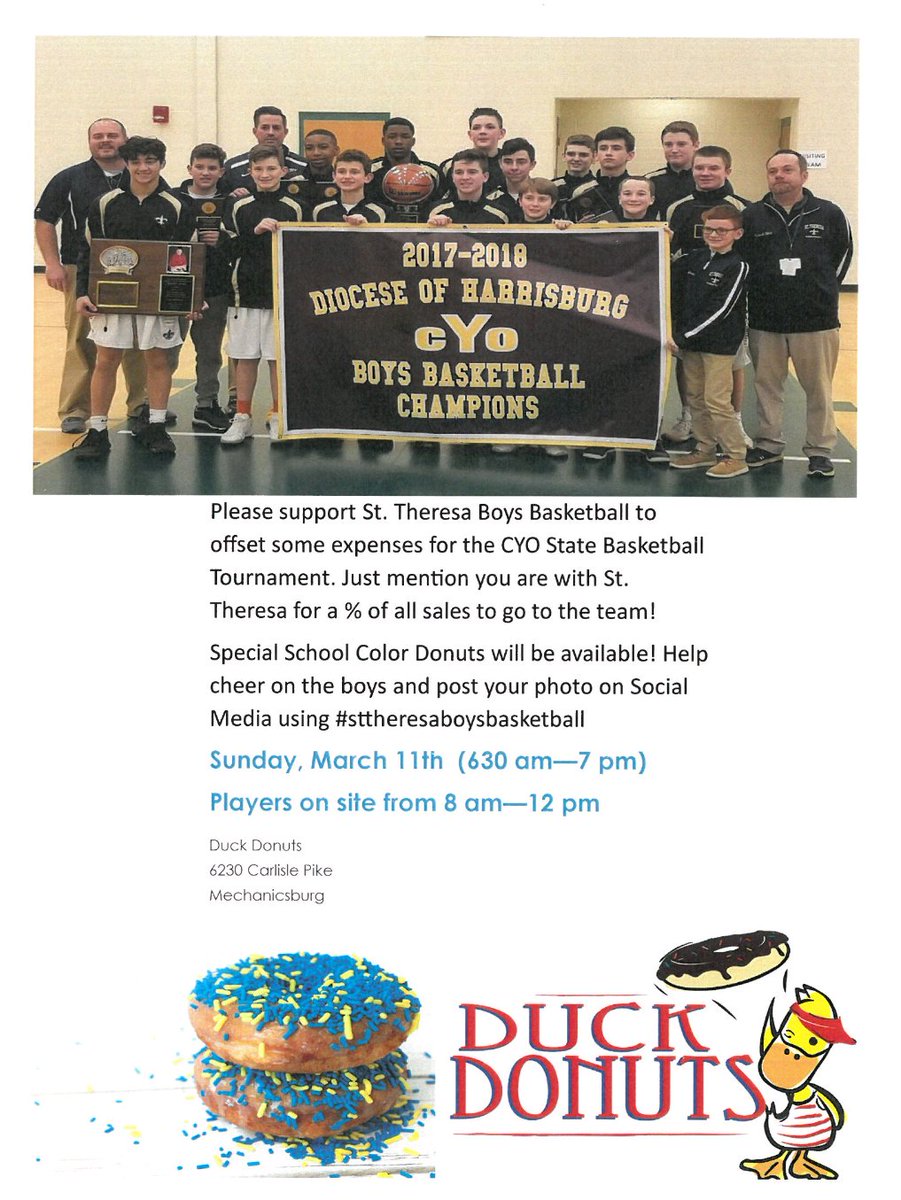 STSBoysBB's tweet photo. DONUTS! On Sunday, March 11 go to @DuckDonuts on the Carlisle Pike and grab a dozen! Mention @STSBoysBB & a % of your purchase goes to support our run to the #CYOState Championship! We will be there from 8a-12p, but the fundraiser runs all day. Thank you, @DuckDonuts ! https://t.co/aYPXtxMVEf