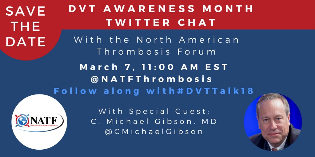 I am excited about #DVTTalk18 Twitter Chat today at 11 a.m. EST!

Join us for the live chat by following #DVTTalk18

I look forward to hearing about your experiences with #DVT!

@NATFthrombosis @thrombosisday