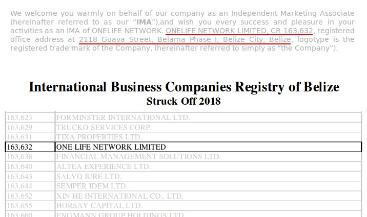 The "billion dollar" plagiarised education company #OneLife Network Limited was struck off Belize's International Business Companies registry in January, because apparently someone forgot to renew the license in December. Refer page 196 at ibcbelize.com/2018/01/02/str… #OneCoin