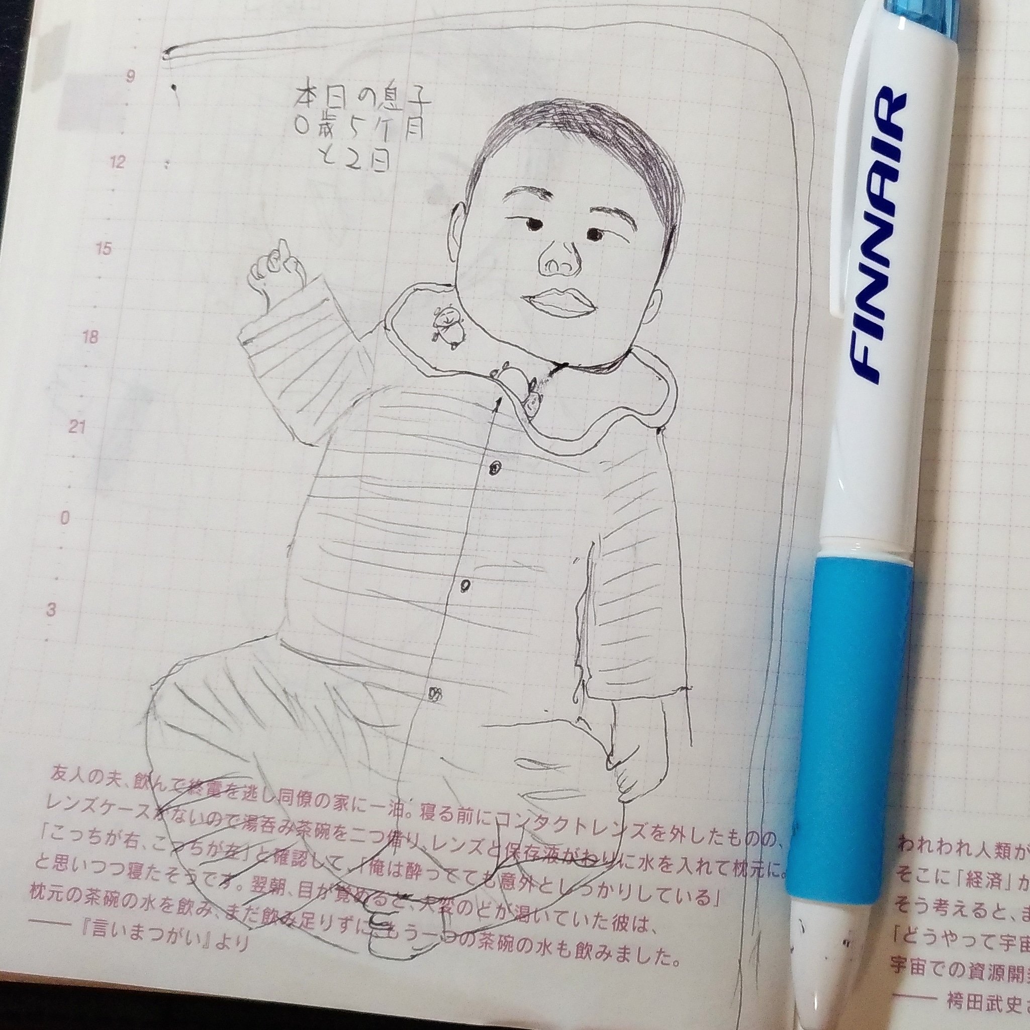 ノブ Nobu Yama Auf Twitter 本日の息子 股関節が硬くあぐらをかけない父親への当て付けポーズ あぐらポーズを描くとわかっていたのに完全に構図を間違える大失態 ほぼ日手帳 一日一ｏ氏 1日1息子 似顔絵 赤ちゃん 画伯 イラスト 絵 ほぼ日 ボールペン