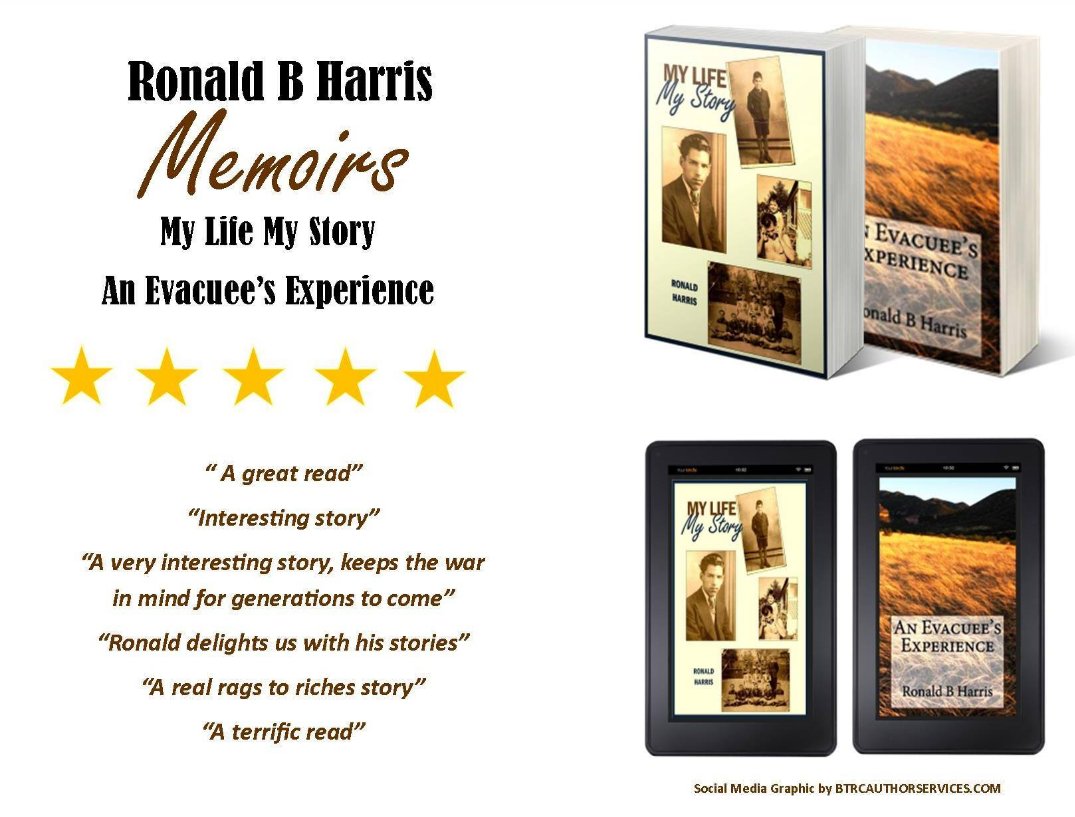 One2WATCHOutFor's tweet image. My two memoirs of 85 years of living an adventure!
An Evacuee's Experience &amp;amp; My Life My Story
Available at Amazon
Listen to my interview talking about An Evacuee's Experience on Book Talk Radio Club at booktalradio.info/ronald-b-harris