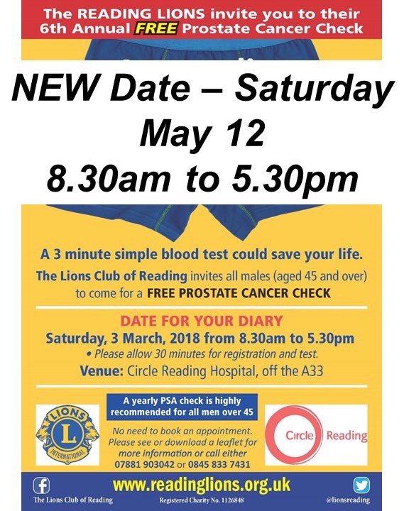 LionsReading's tweet photo. The Prostate Screening Event is now on Saturday May 12 at #CircleReading @MelBloorITV @JennieSlevin @BerksBucksEd https://t.co/GSthMRm0sF