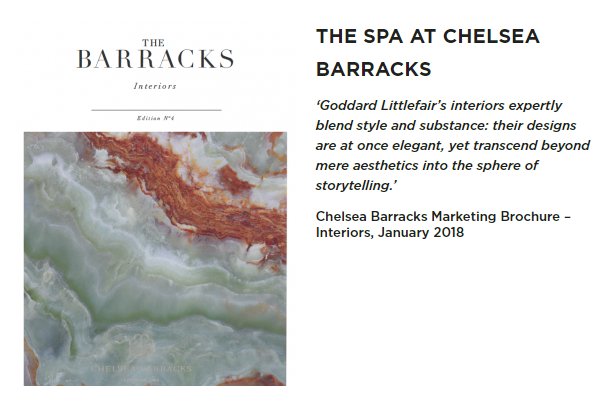 The Spa at Chelsea Barracks has been featured in Chelsea Barracks Marketing Brochure 2018.
ow.ly/BdqZ30iMFli 

goddardlittlefair.com/press/

#luxuryinterior #interiordesign #hoteldesign #hoteldesigners  #luxuryinteriordesigners