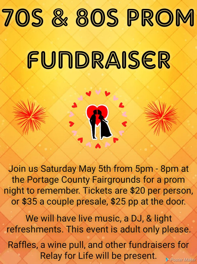 Join us for a decades #prom #fundraiser for #RelayForLife at the #portagecountyfairgrounds. Contact me to purchase tickets!