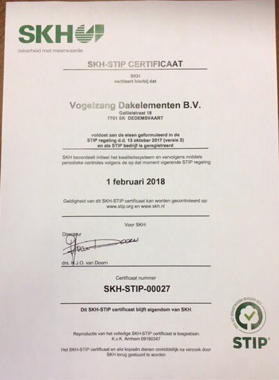 Vogelzang Dakelementen bv gaat vol voor STIP! Dakelementen met Greenworks; aantoonbaar milieuvriendelijkste dakelement, dus ook natuurlijk verantwoord hout; STIP.