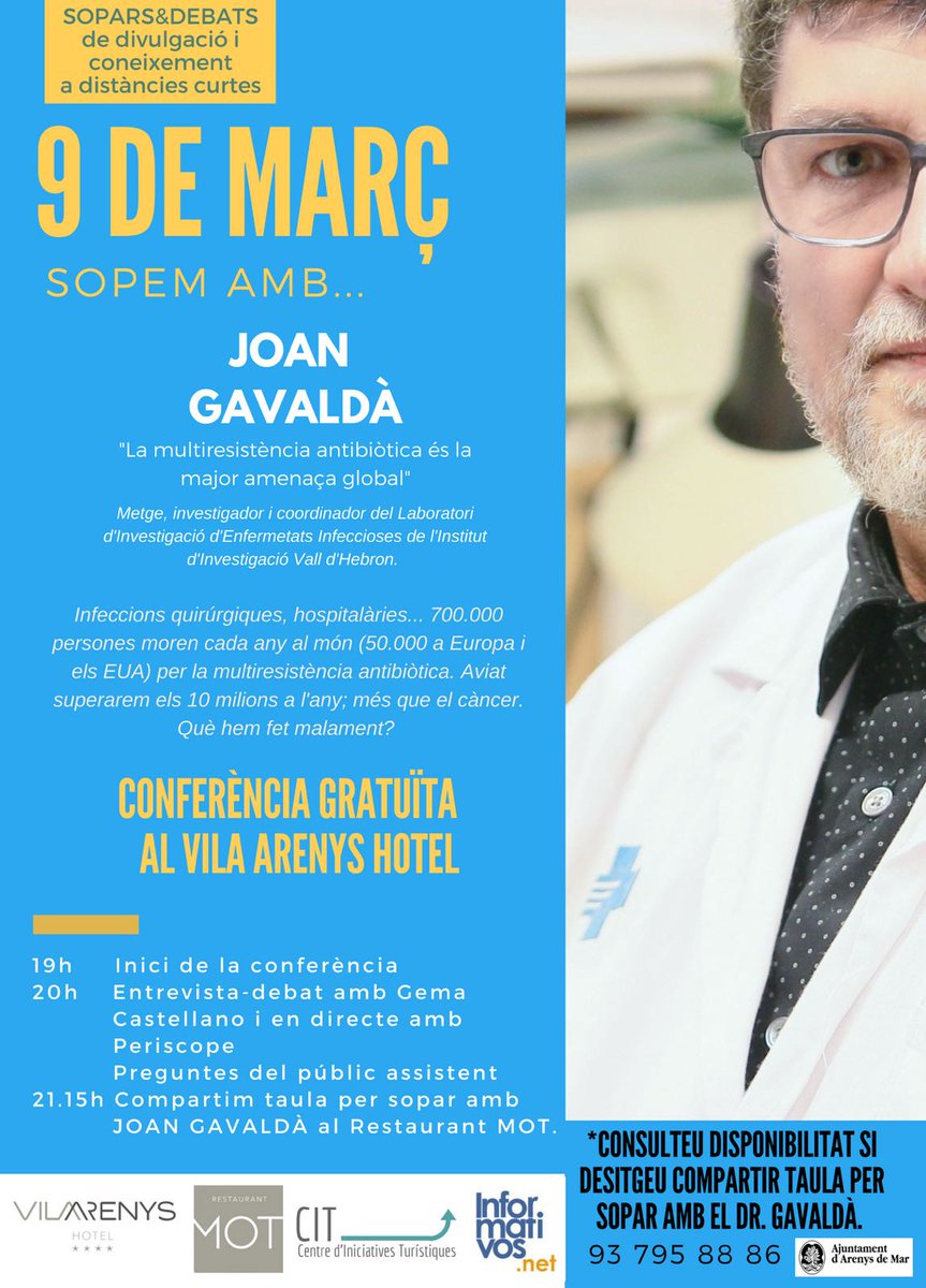 El próximo viernes, 9 de Marzo, a las 19.00 h, <a href="/GemaCastellano/">Gema Castellano</a> entrevistará en directo vía @PeriscopeCo al investigador Joan Gavaldá sobre la resistencia antibiótica #AntibioticResistance en <a href="/arenyshotel/">Vilaarenys Hotel</a>