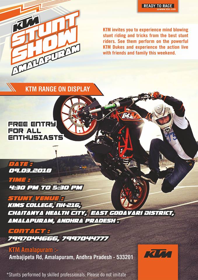 SiplEvents's tweet photo. Happening this Weekend.
KTM India Stunt Show at KIMS Medical College Amalapuram.

Are you ready to witness the Thrill.. Walkin on 09th March.

Event Organised by : SIPL Events https://t.co/3D80KbEA9I