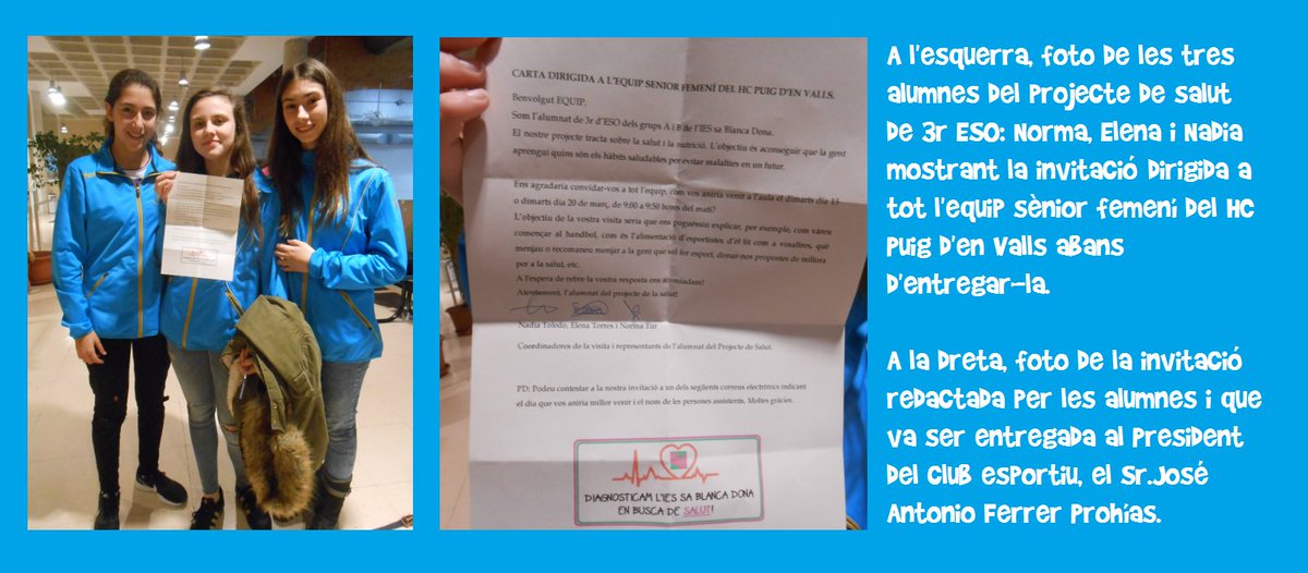 iessablancadona's tweet photo. Els alumnes del projecte de SALUT de 3r ESO A i B estan desitjant que arribi dimarts dia 13 ... i és que acaben de rebre la confirmació oficial de la Visita de l'Equip Sènior Femení del HC Puig d'en Valls! #Salut #Agraïment #Visita #projectesBD #EquipSèniorPuchi #Aprenentatge https://t.co/icteuZAjw7