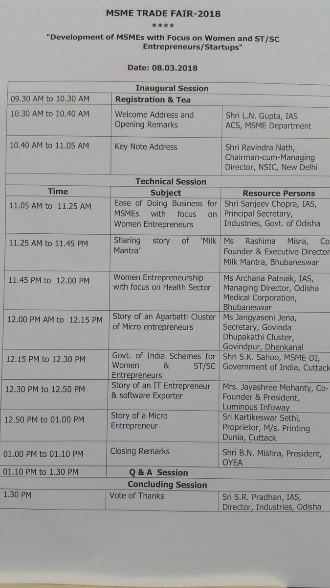 MsmeDepartment's tweet photo. Program of the tomorrow's (8th March) Seminar on "Dev. of MSMEs with focus on Women &amp; ST/SC Entrepreneurs" to be held  at Seminar Hall #MSMEOITF2018 ! All #MSMEs/Exporters &amp; #Startups are welcomed!! @CMO_Odisha @Naveen_Odisha @startup_odisha @minmsme @InvestInOdisha @startupindia https://t.co/mJVerbaGxm