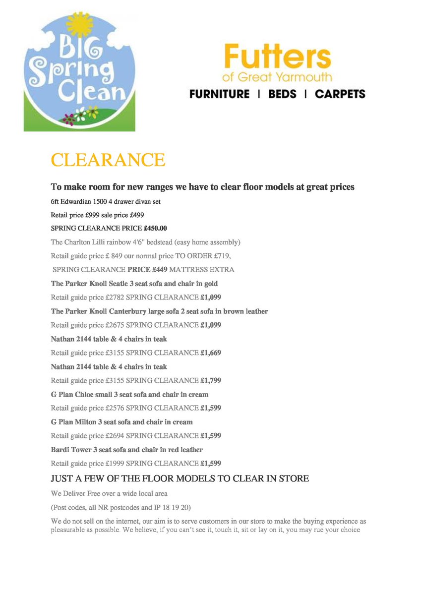 WE ARE HAVEING A BIG SPRING CLEAN HERE AT FUTTERS TO MAKE ROOM FOR THE NEW STOCK WE ORDERED AT THE JANUARY FURNITURE SHOW CALL IN TO SEE MANY GREAT SHOPFLOOR MODEL REDUCTIONShttps://www.futters.co.uk/spring-clearance