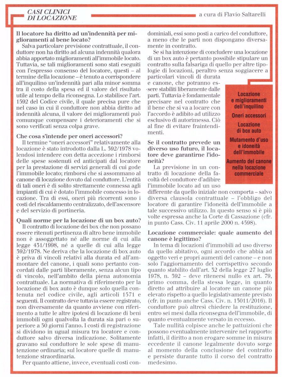 ConfediliziaPc's tweet photo. Casi clinici di locazione, rubrica a cura dell'avv. Flavio Saltarelli.
#locatore #locazione #locatario #casa #garage #boxauto #affitto #contratto #canone #oneri #indennità #immobile #inquilino
(Confedilizia Notizie, pag.8, mensile di gennaio 2018) https://t.co/ARGq6voole