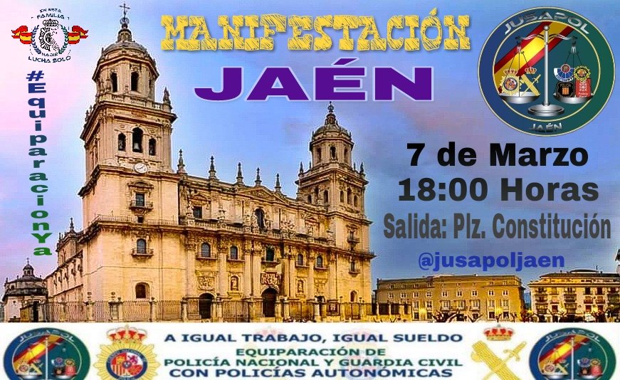 DLPEspana's tweet photo. @jusapoljaen 

La #LegionJusapol a tope para gritar #EquiparacionYa de @jusapol en el #7MJaen
Porque es de Justicia y Dignidad
Hoy la @policia y @guardiacivil te llama a Ti
¡Acude!   ✌️✌️✌️
 
#EnEstaFamiliaNadieLuchaSolo 
#ProhibidoRendirse https://t.co/M1rlqTQT8J