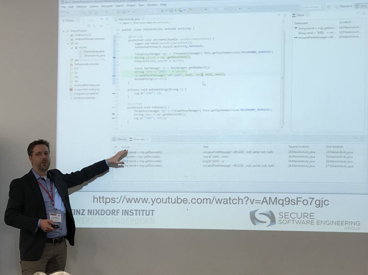 stsauer13's tweet photo. Eric Bodden @profbodden spricht über Explainable JIT Static Code Analysis im #SoftwareEngineering Track #ErklärbareSoftware, demonstriert die entwickelten Werkzeuge #VisuFlow und zeigt, wie Entwickler unterstützt werden, Sicherheitsschwachstellen im Code zu entdecken. #SESWM18 https://t.co/Mn8cbjiNqD