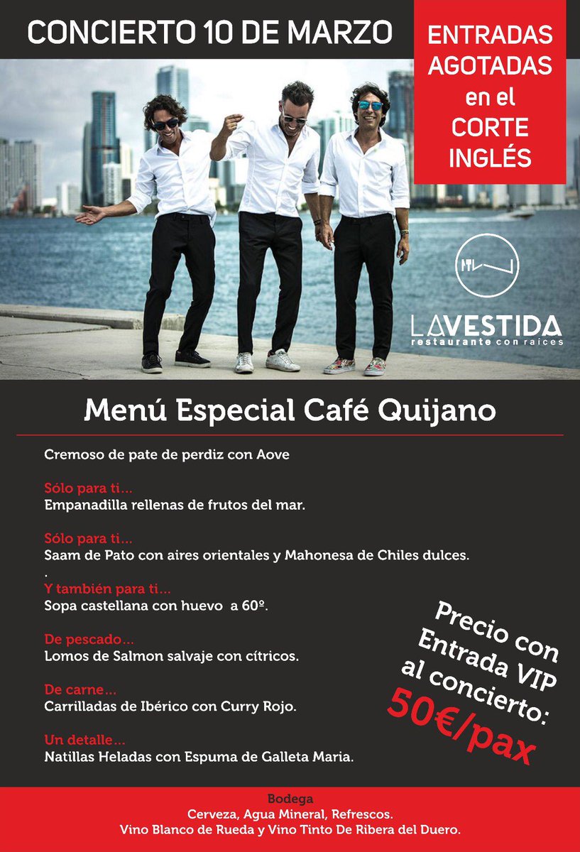 Te has quedado sin entrada para el concierto de Café Quijano en Jaén - Tour 2018 este sábado día 10 en Jaen?
Restaurante la vestida regala a las 15 primeras personas en consumir este menú degustación una entrada VIP.
Gracias a <a href="/CopeJaen/">COPE Jaén</a> y <a href="/Cafe_Quijano/">cafequijano</a>