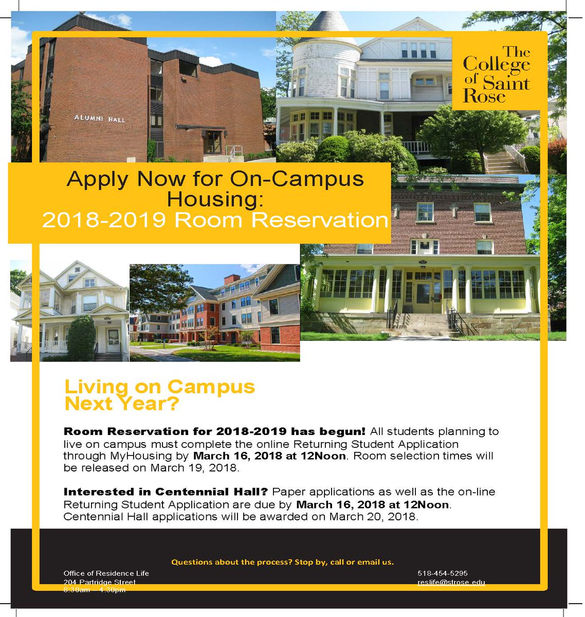 StRoseResLife's tweet image. It's Room Reservation time!  Planning to live on-campus next year? Fill out your application now!  Contact Residence Life with any questions!