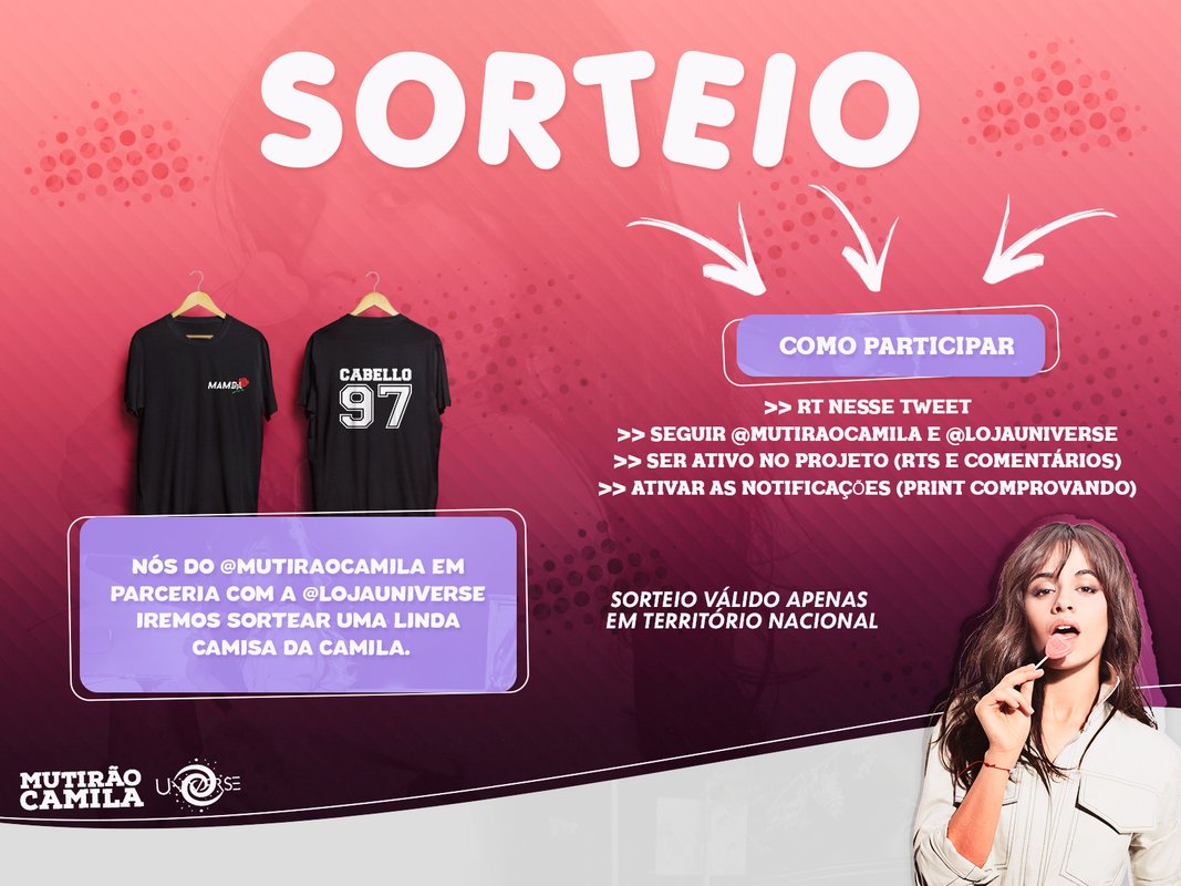 🚨 ATENÇÃO CAMILIZERS! 🚨

Nós do MC preparamos um sorteio ícone para vocês em parceria com a <a href="/LojaUniverse/">Loja Universe</a>!

Para participar:

• RT nesse tweet 
• Siga <a href="/MutiraoCamila/">Mutirão Camila Cabello</a> e <a href="/LojaUniverse/">Loja Universe</a>
• Seja ativo
• Ativem as notificações (print)

Resultado: 31/03 
Boa sorte!