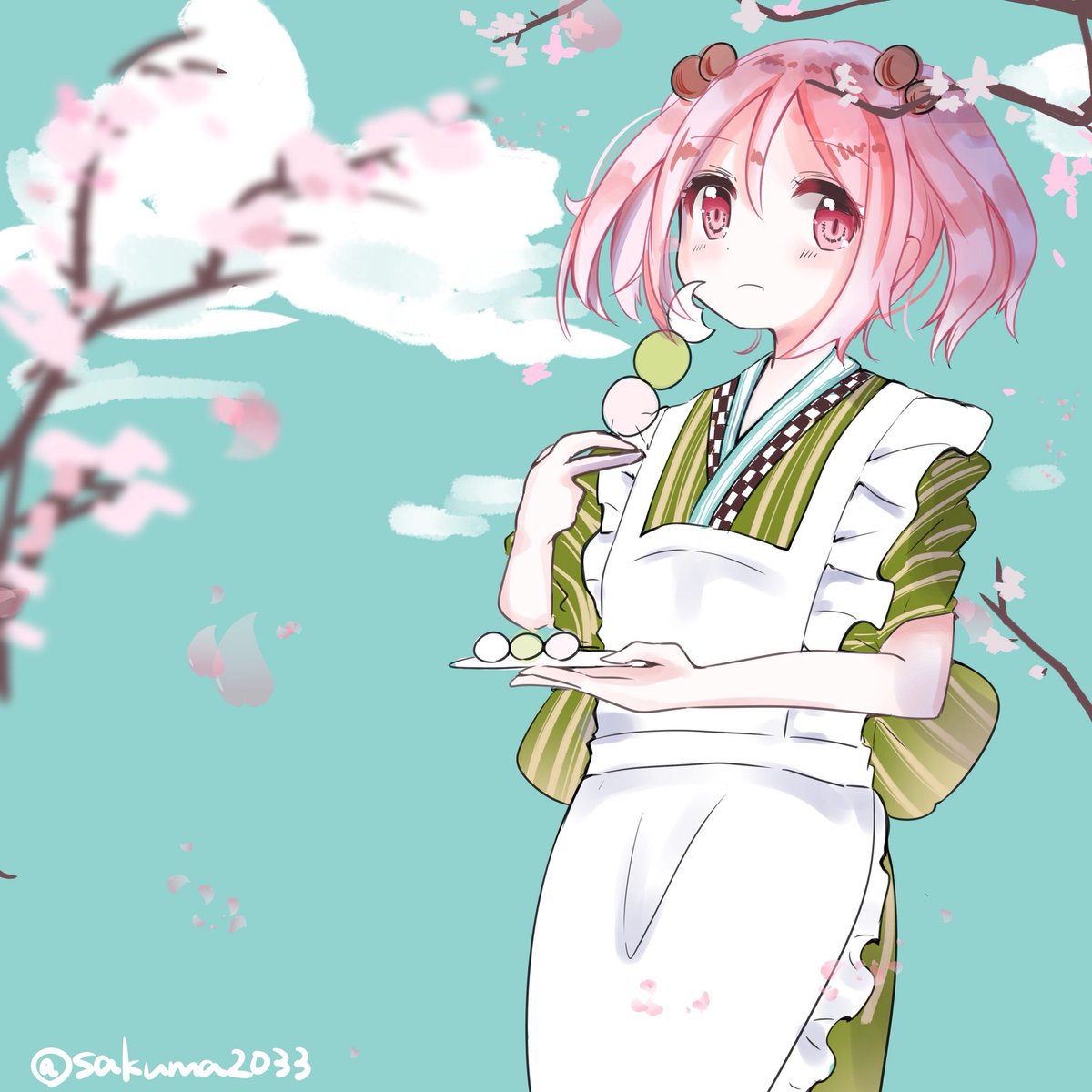 sazanami (kancolle) 1girl dango wagashi pink hair twintails food solo  illustration images
