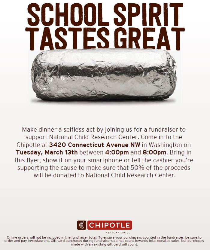 Join us at the Cleveland Park Chipotle next Tuesday, March 13th, and mention NCRC between 4-8pm <a href="/ChipotleTweets/">Chipotle</a>