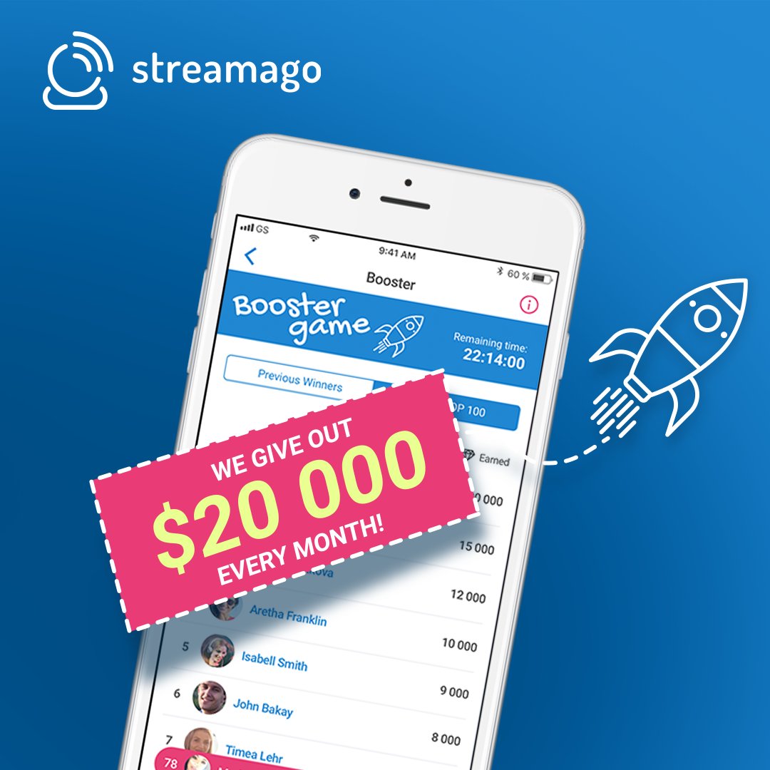 Streamago's tweet photo. Join our #BoosterGame now! The #Top100 broadcasters who receive the most gems daily will be rewarded with cashable prizes. We are giving out up to $20000 monthly. Stream your  creative and get rewarded for it. #mobilelivestreaming #livevideostreaming #boostergame #streamago https://t.co/4ENfrqOJBc