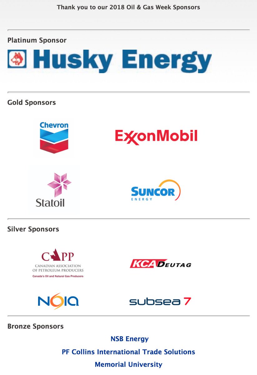 OilGasWeekNL's tweet photo. A big THANK YOU to our sponsors &amp; partners for all your support in making #OilGasWeek18 happen! @HuskyEnergy @exxonmobil @Chevron @Statoil @Suncor @OilGasCanada @NoiaNL @KCADeutagNews @Subsea7Official @NSBEnergy @pfcollins_intl @MemorialU @NR_GovNL @NRCan @CityofStJohns @590VOCM https://t.co/BT2T3EZJbY