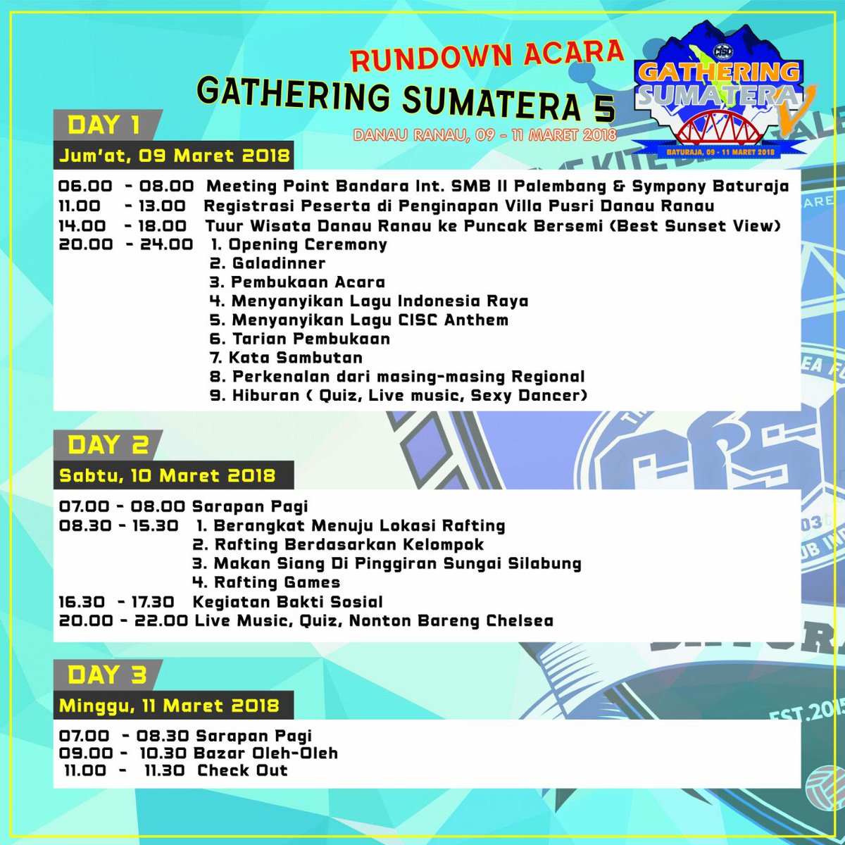 Rundown Acara Gathering Sumatera 5 CISC Baturaja 9-11 Maret 2018 <a href="/chelseaindo/">@chelseaindo</a> <a href="/CISCsumatera/">CISC SUMATERA</a>