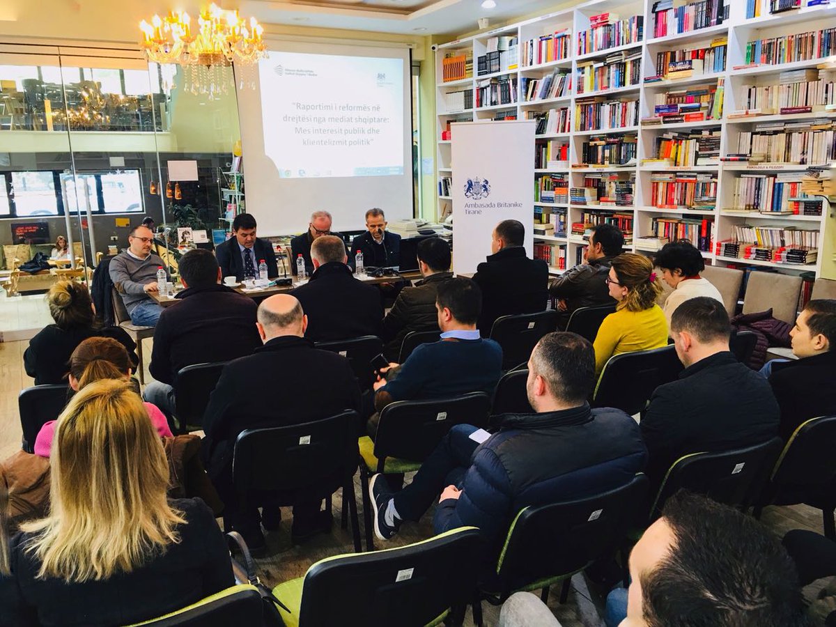 UKinAlbania's tweet photo. UK Charge d’Affaires Sean Melbourne attended an event hosted by the Albanian Media Institute who presented a study on ‘Media Coverage of the Justice Reform’. British Embassy strongly supports Albania’s efforts to reform its #justice system, #civilsociety & #objectiveresearch https://t.co/oiOrVrtBle
