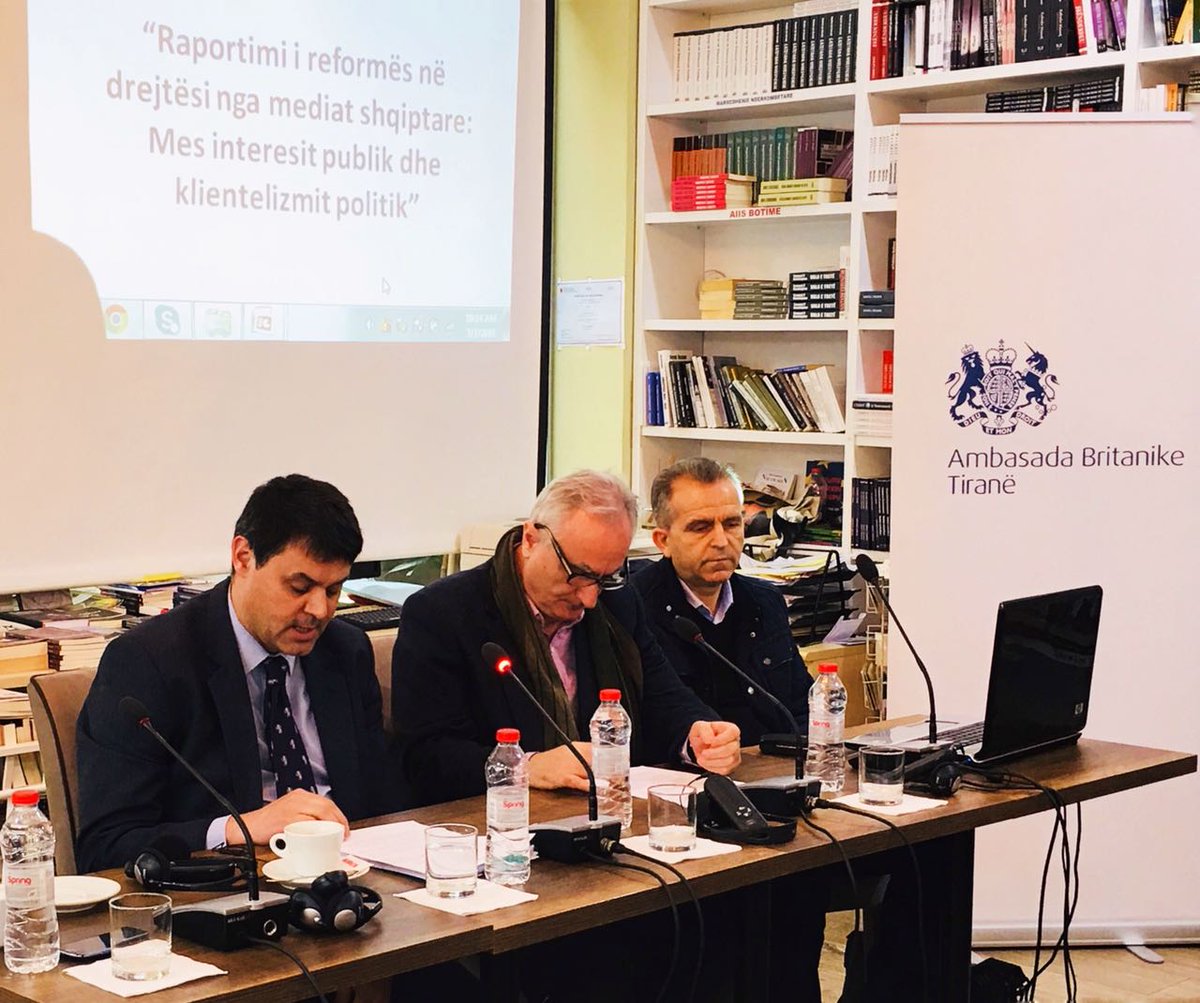 UKinAlbania's tweet photo. UK Charge d’Affaires Sean Melbourne attended an event hosted by the Albanian Media Institute who presented a study on ‘Media Coverage of the Justice Reform’. British Embassy strongly supports Albania’s efforts to reform its #justice system, #civilsociety & #objectiveresearch https://t.co/oiOrVrtBle