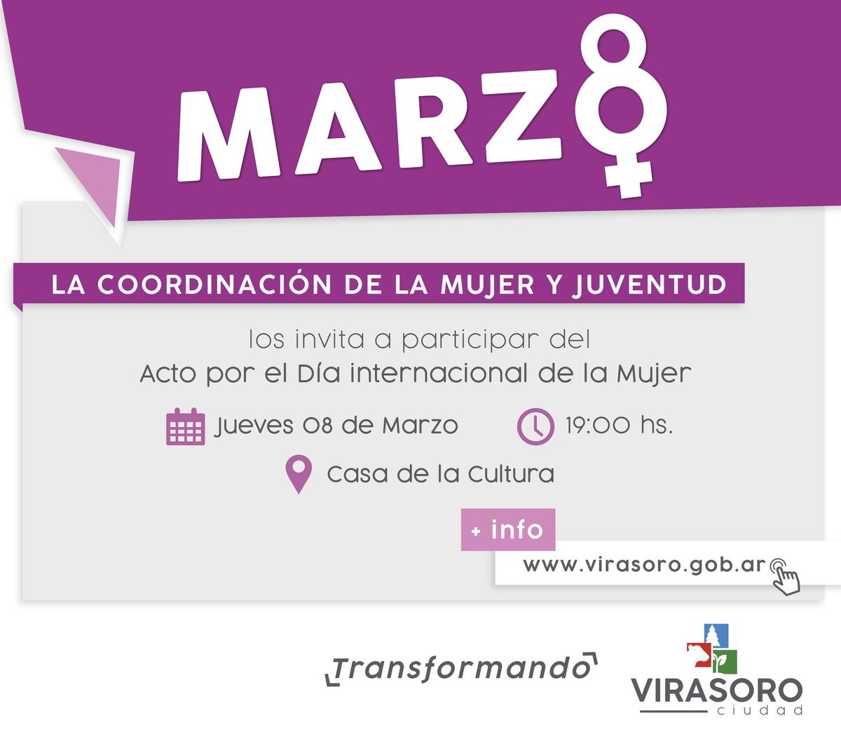 VirasoroMuni's tweet photo. La #Municipalidad celebrará el Día Internacional de la #Mujer #invitando a toda la comunidad a #disfrutar de una tarde de #música y actividades.
#Transformando
#VirasoroCiudad
#MásGestión
https://t.co/o4eG9ocYvp https://t.co/zaapcttbQo