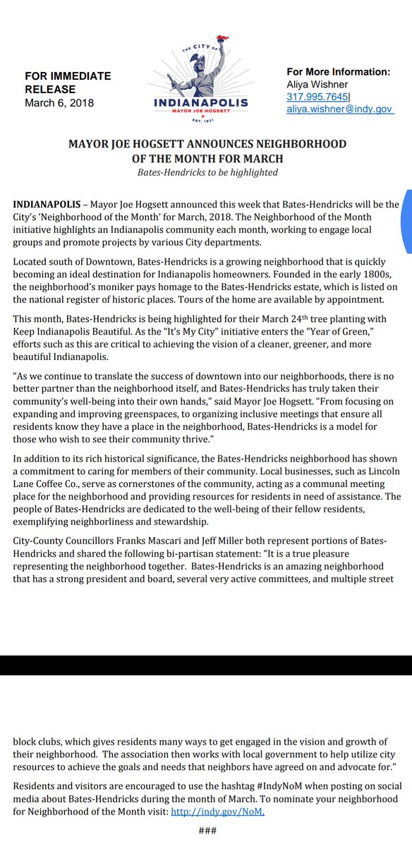 BatesHendricks's tweet photo. “As we continue to translate the success of downtown into our neighborhoods, there is no better partner than the neighborhood itself, and Bates-Hendricks has truly taken their community’s well-being into their own hands,” said Mayor Joe Hogsett. 
@IndyMayorJoe  #IndyNoM https://t.co/DQoKxwhJAZ